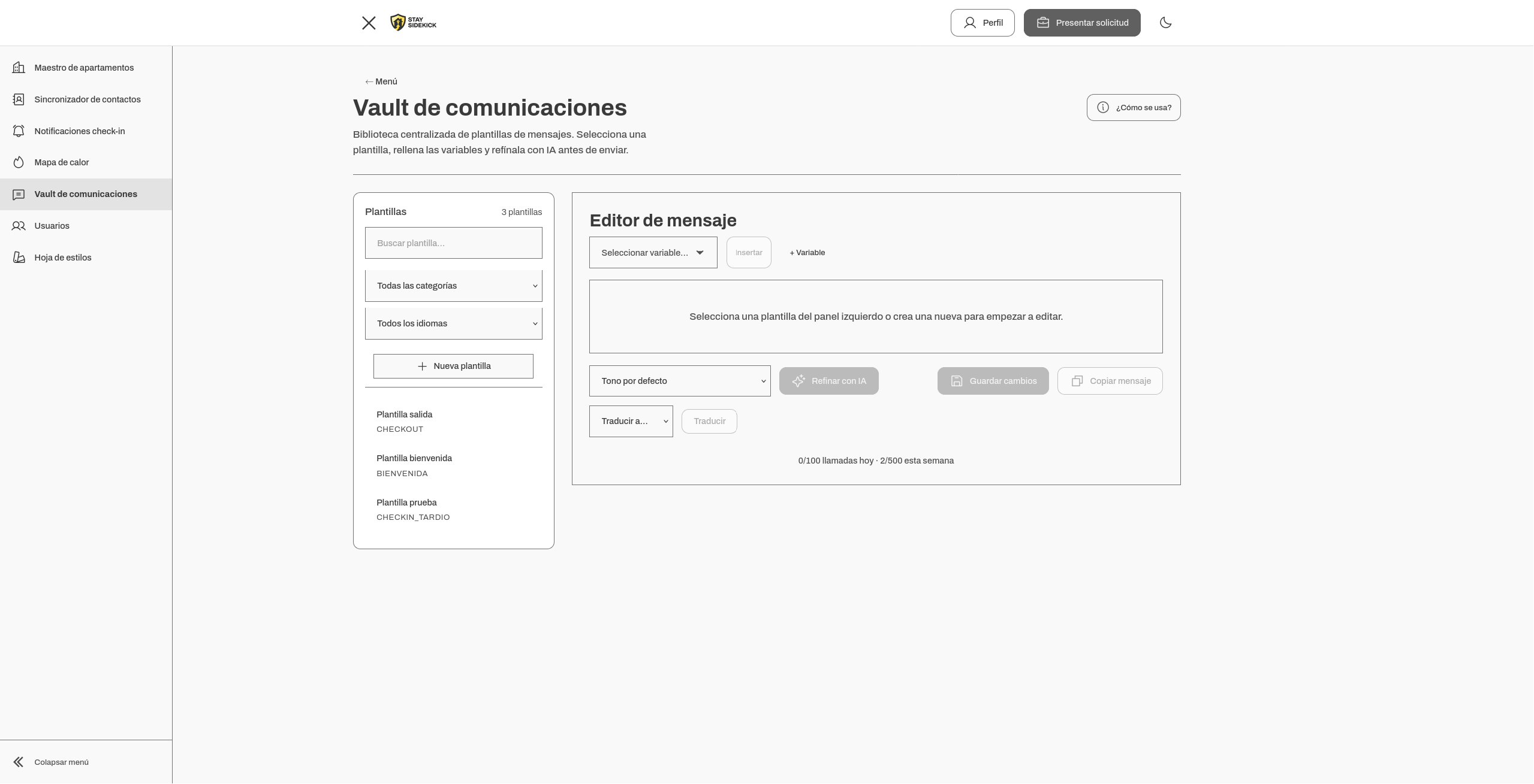 Captura de pantalla del Vault de comunicaciones con IA